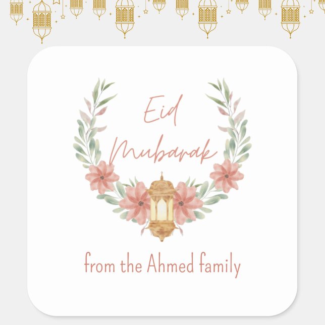 Sticker Carré Elégant Floral moderne Aïd Moubarak Nom rose blanc (Elegant, modern Eid Mubarak stickers, for your holiday gifts, cards + crafts! Personalize with name.)