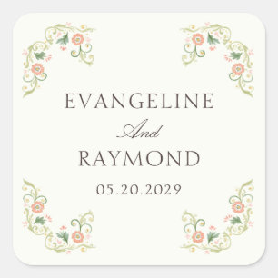 Sticker Carré Élégant floral rococo aquarelle mariage 