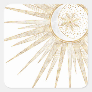 Sticker Carré Elegant Gold Doodles Sun Moon Mandala Design