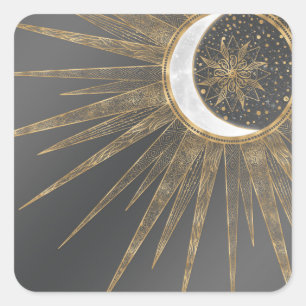 Sticker Carré Elegant Gold Doodles Sun Moon Mandala Design