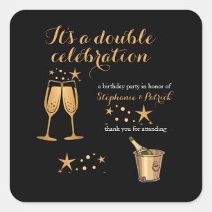 Sticker Carré Elégant Gold Double Célébration Anniversaire conjo