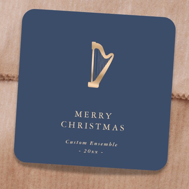 Sticker Carré Elegant Gold Music Harp Christmas Blue (Créateur téléchargé)