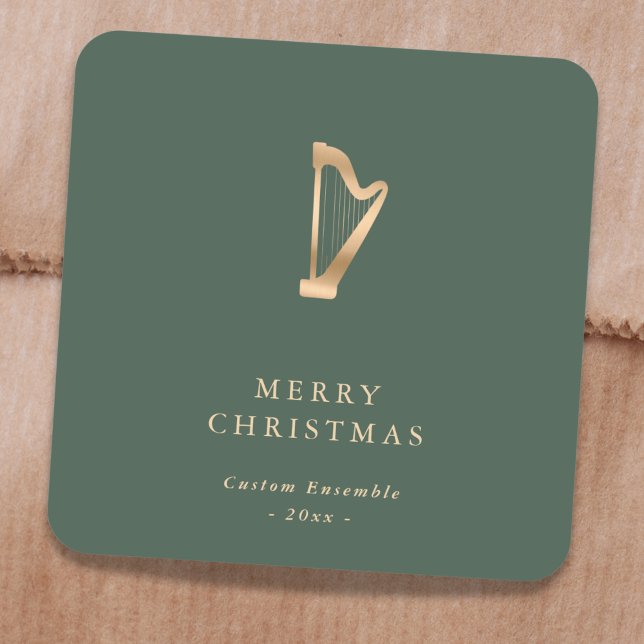 Sticker Carré Elegant Gold Music Harp Christmas Green (Créateur téléchargé)