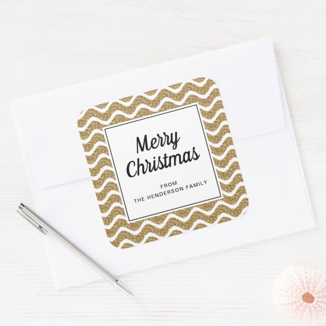 Sticker Carré Élégant Gold Stripes Script Joyeux Noël (Enveloppe)