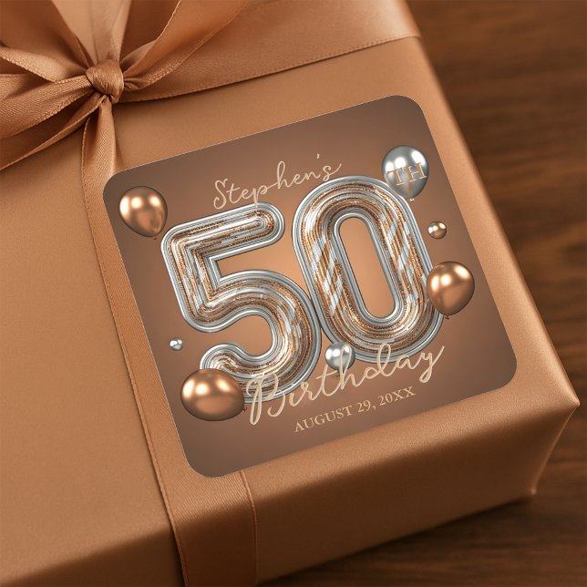 Sticker Carré Elegant Golden Bronze Silver 50th Birthday (Créateur téléchargé)