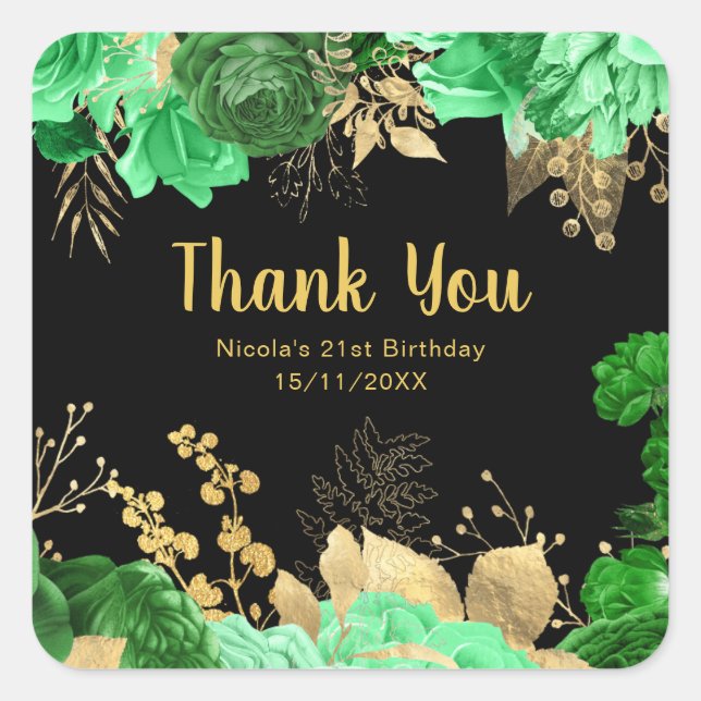 Sticker Carré Elegant Green and Gold Flowers Birthday Party  (Devant)