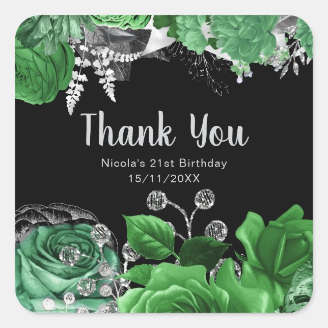 Sticker Carré Elegant Green and Silver Flowers Birthday Party (Devant)