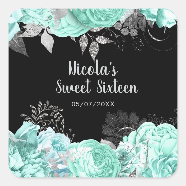 Sticker Carré Elegant Green and Silver Flowers Sweet Sixteen (Devant)