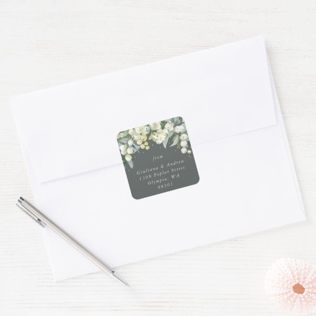 Sticker Carré Elégant Green Snowberry+Eucalyptus Adresse Classic (Enveloppe)