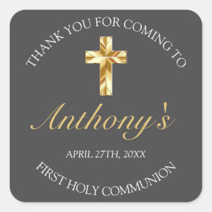 Sticker Carré Elegant Grey Gold Cross 1ère communion