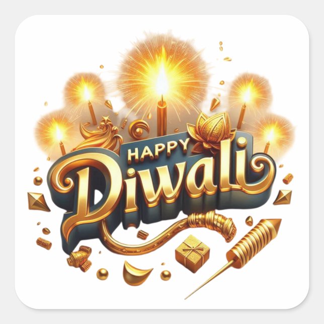 Sticker Carré Elégant Happy Diwali Gold Candle Festival de lumiè (Devant)
