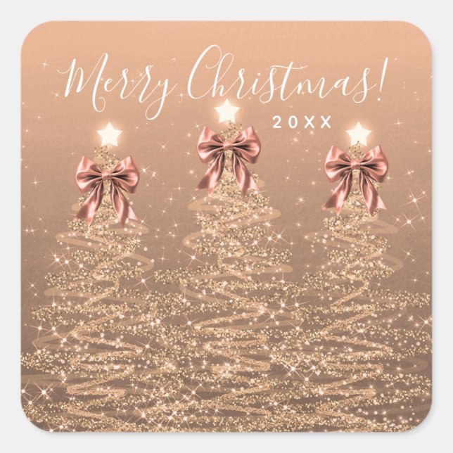 Sticker Carré Elegant Holiday Rose Gold Christmas Trees Bows (Devant)