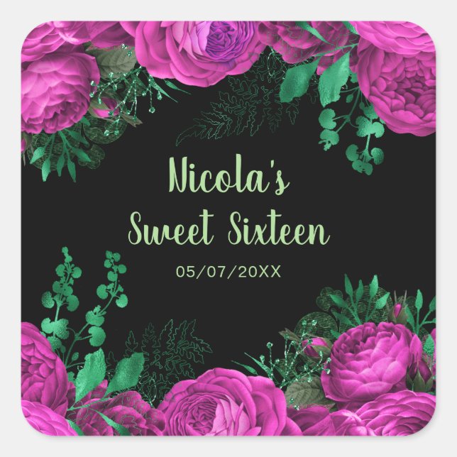 Sticker Carré Elegant Hot Pink Flowers Sweet Sixteen (Devant)