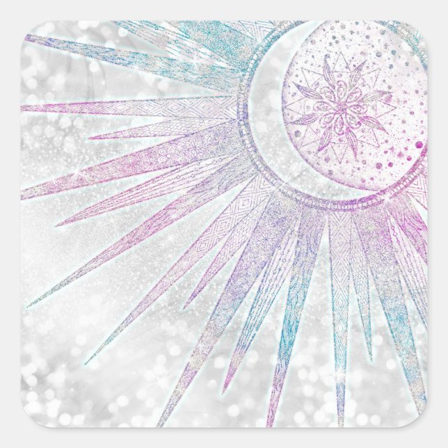 Sticker Carré Elegant Iridescent Sun Moon Mandala Silver Design (Devant)