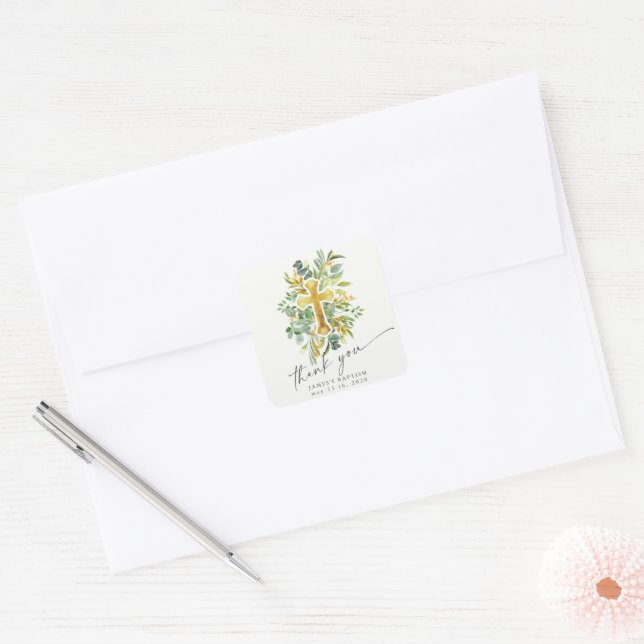Sticker Carré Elégant Jardin Baptême Floral Merci (Enveloppe)
