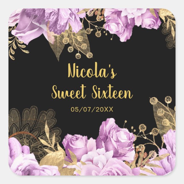 Sticker Carré Elegant Lilac and Gold Flowers Sweet Sixteen (Devant)