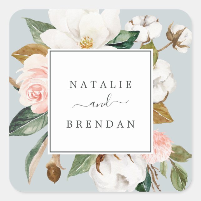 Sticker Carré Elégant Magnolia Blue Grey Mariage Enveloppe Seals (Devant)