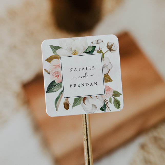 Sticker Carré Élégant Magnolia | Phoques d'enveloppes de Mariage (Créateur téléchargé)