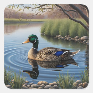 Sticker Carré Elégant Mallard Graceful Sur Paisible Country Pond