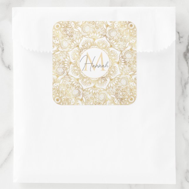 Sticker Carré Élégant Mandala Floral Or Blanc (Sac)