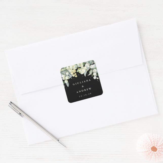 Sticker Carré Elégant Mariage Black Snowberry+Eucalyptus (Enveloppe)