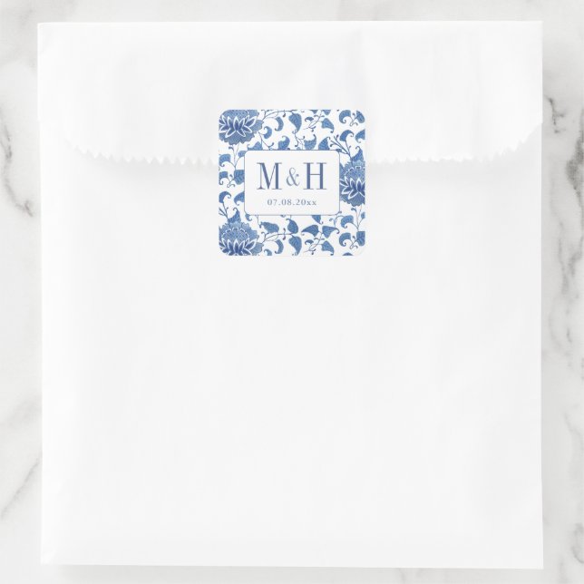Sticker Carré Elégant Mariage Bleu Et Blanc Monogramme Favoriser (Sac)