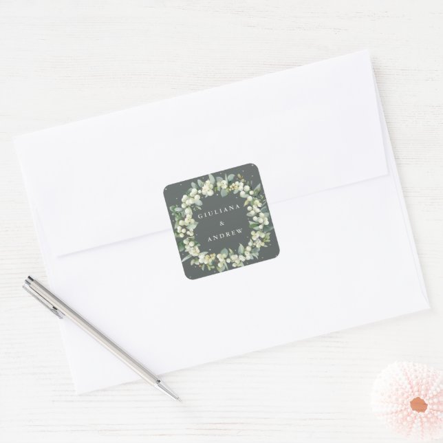 Sticker Carré Elégant Mariage de courge vert Snowberry+Eucalyptu (Enveloppe)