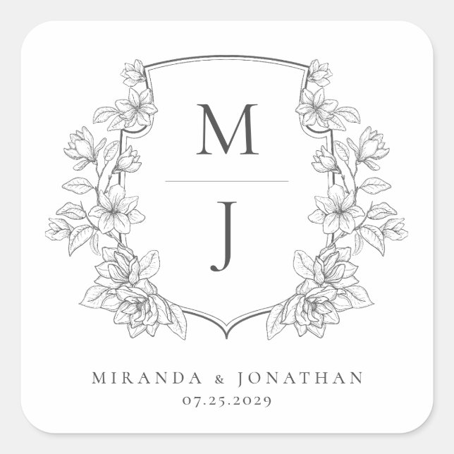 Sticker Carré Élégant Mariage de monogramme de crête botanique (Devant)