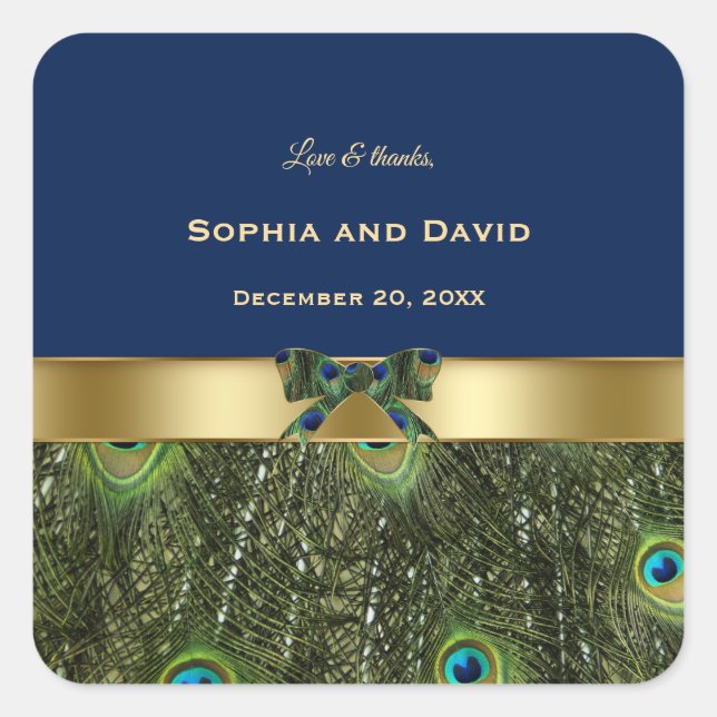 Sticker Carré Elégant Mariage de Peacock Bleu Marine Gold (Devant)