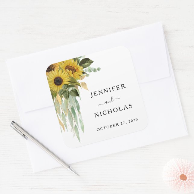 Sticker Carré Élégant Mariage de tournesols floraux (Enveloppe)