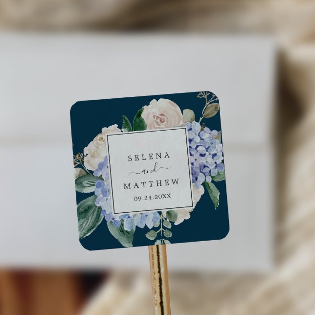 Sticker Carré Elégant Mariage d'enveloppe de la marine Hydrangea (Créateur téléchargé)