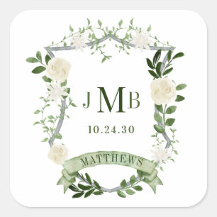 Sticker Carré Élégant Mariage Floral Crest