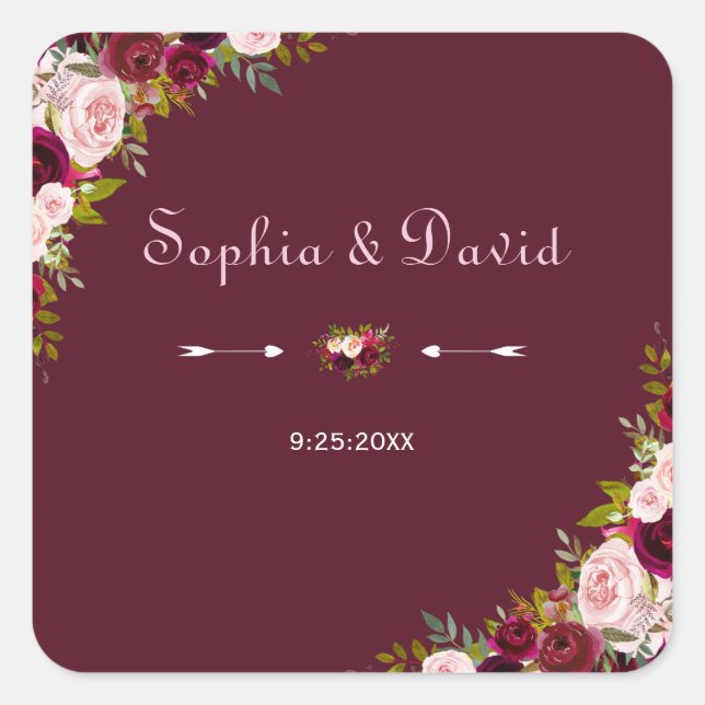 Sticker Carré Élégant Mariage floral de Bourgogne Marsala (Devant)