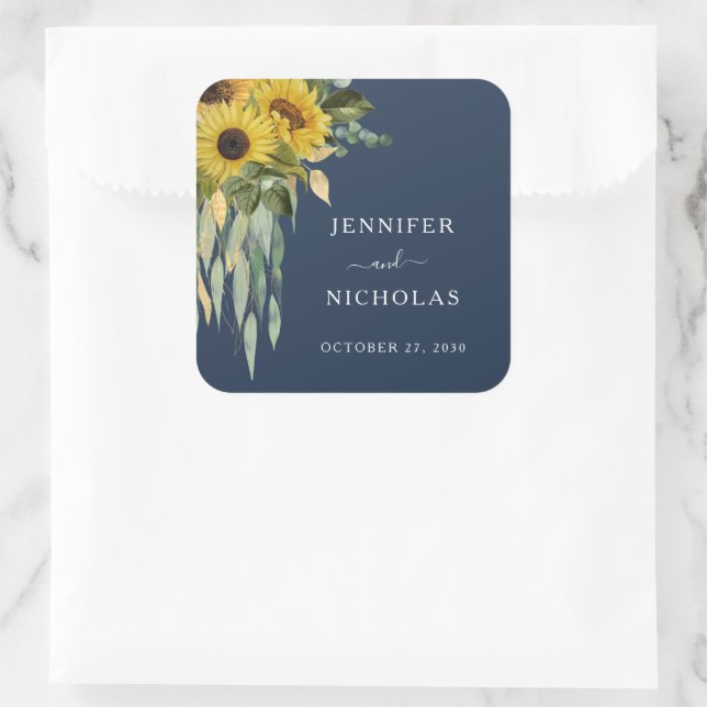 Sticker Carré Élégant Mariage floral de tournesol bleu marine (Sac)