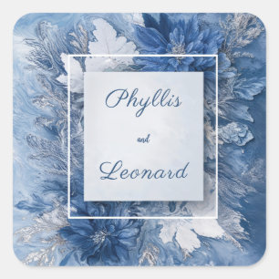 Sticker Carré Élégant Mariage floral en marbre bleu