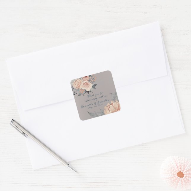 Sticker Carré Élégant Mariage floral rose argenté romantique (Enveloppe)