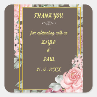 Sticker Carré Élégant Mariage floral rose de Bourgogne