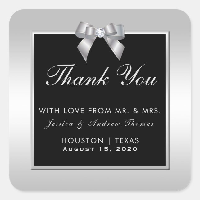 Sticker Carré Élégant Mariage noir et bow de Gem Argent (Devant)