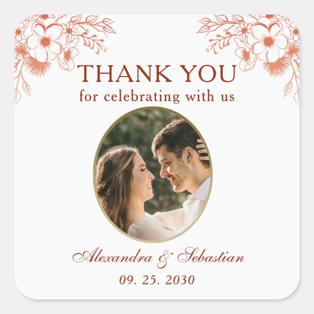 Sticker Carré Élégant Mariage photo Merci (Devant)
