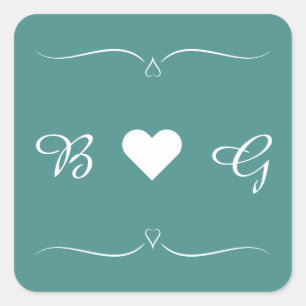 Sticker Carré Élégant Mariage Turquoise Coeur Monogramme Lettre 