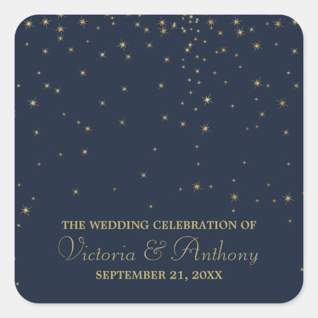 Sticker Carré Elegant Marine & Gold Falling Stars Mariage Merci (Devant)