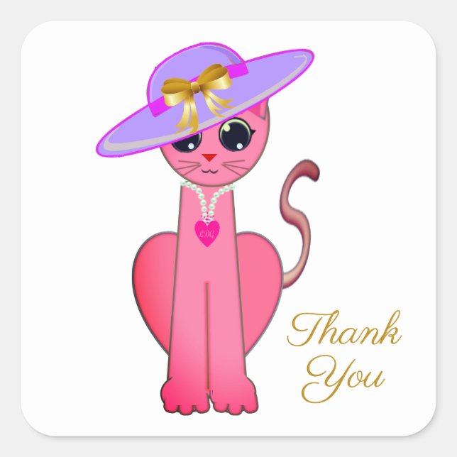 Sticker Carré Élégant Merci de chat rose Kitty (Devant)
