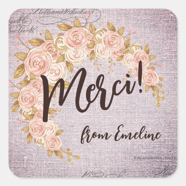 Sticker Carré Élégant Merci de Merci Floral Français (Devant)