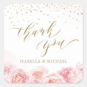 Sticker Carré Elégant merci script or & floral blush