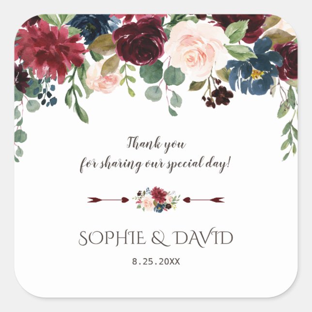 Sticker Carré Elégant Merlot Navy Blue Floral Mariage (Devant)