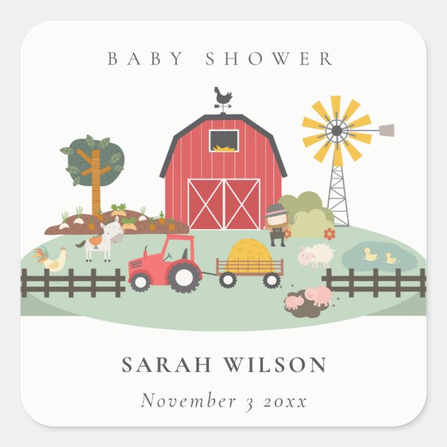 Sticker Carré Élégant mignon Baby shower animal de ferme de Barn (Devant)