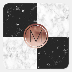 Sticker Carré Elegant monogram rose gold black marble