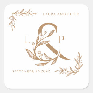 Sticker Carré Élégant monogramme de mariage à l'ampersande fleur