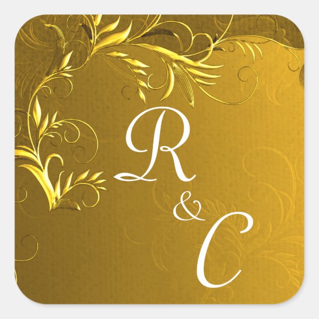 Sticker Carré Élégant Monogramme Mariage Or (Devant)