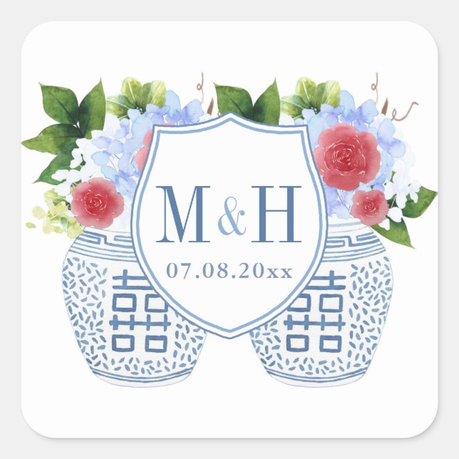 Sticker Carré Élégant Monogramme Mariage rouge blanc (Devant)
